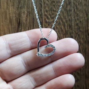 18 Inch 925 Sterling Silver Half Cubic Zirconia Heart Pendant Necklace